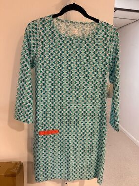 Cabana Life Teal & White Printed Long-Sleeve Shift Dress with Coral Accent
